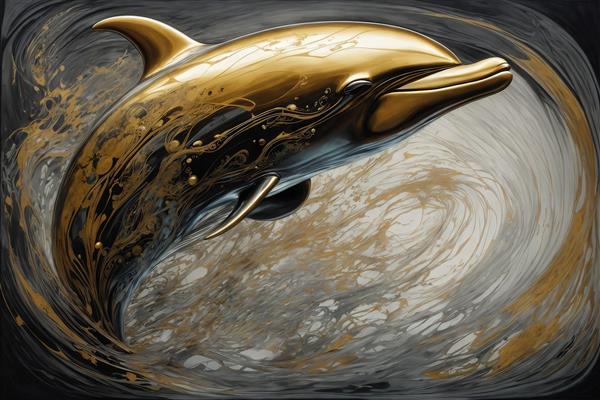 طرح دلفین طلایی در حال شنا در چرخش مایع سیال خاکستری