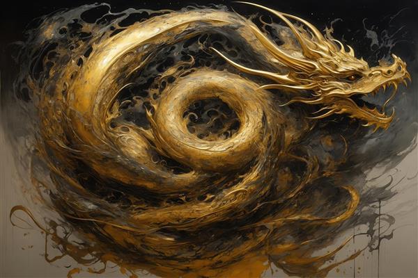 تصویر اژدهای طلایی در حال پیچیدن در موج سیال مشکی و روشن
