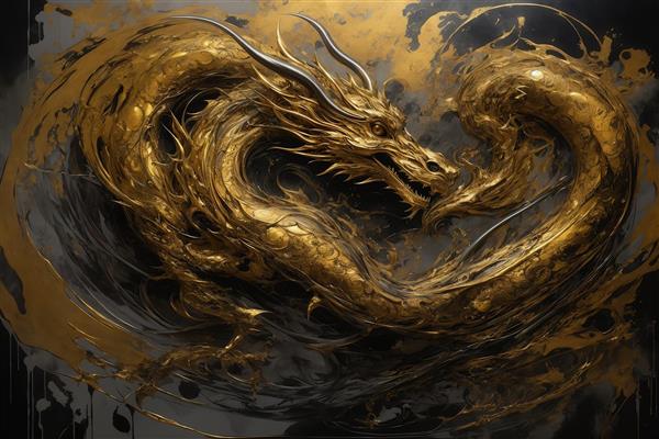 طرح اژدهای طلایی پیچیده در مایع تیره برای تابلو دکوراتیو