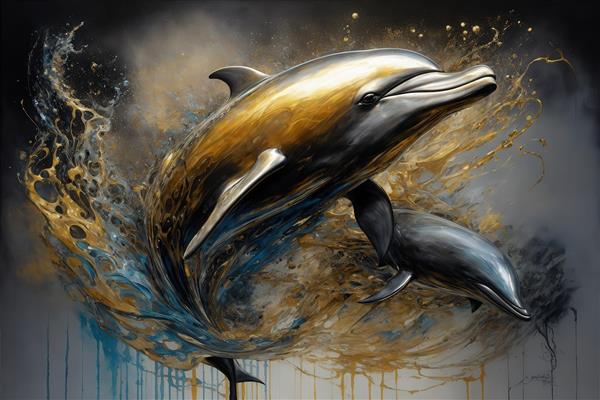 عکس دو دلفین طلایی و مشکی در حال پرش در مایع سیال