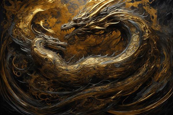 طرح اژدهای طلایی و مشکی در سبک آبستره لوکس و تیره