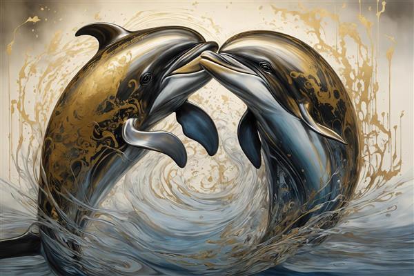 تصویر دو دلفین در حال بوسه در موج‌های طلایی و آبی