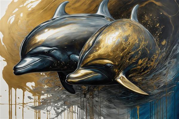 عکس پرتره دو دلفین طلایی و مشکی با پاشش آبستره در پس‌زمینه
