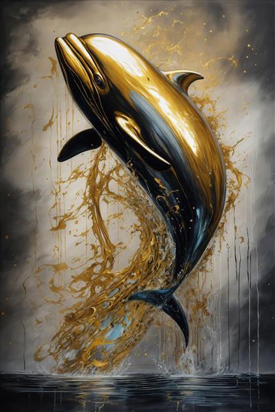 طرح دلفین طلایی و آبی تیره در حال پرش از سطح آب