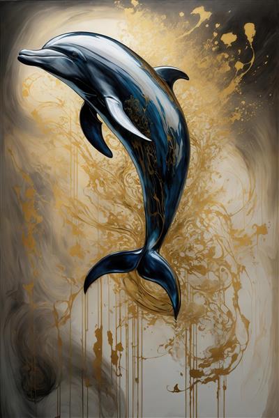 تصویر دلفین آبی تیره در حال پرش در پس‌زمینه طلای مایع