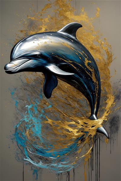 عکس دلفین آبی و طلایی در حال پرش از آبستره طلای مایع