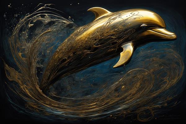 طرح دلفین طلایی در حال شنا در موج‌های سیال آبی و تیره