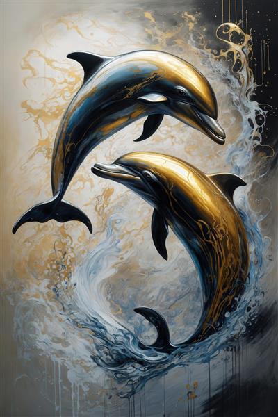 تصویر دو دلفین طلایی و مشکی در حال چرخش آبستره