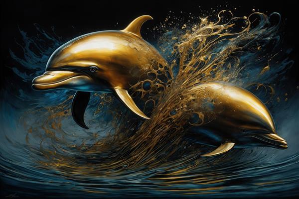 عکس دو دلفین طلایی در حال پرش از موج‌های آبی تیره لوکس