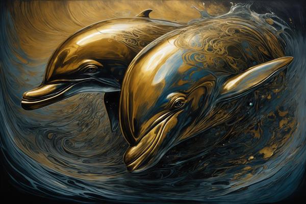 طرح دو دلفین طلایی در موج‌های آبستره آبی تیره برای چاپ