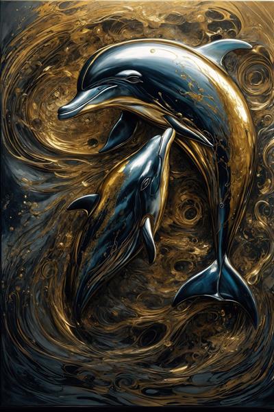 طرح دلفین مادر و فرزند در حال شنا در طلای مایع و آبی تیره