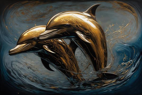 تصویر دو دلفین طلایی در حال پرش از آب آبی در سبک آبستره