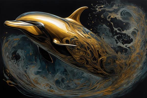 طرح دلفین طلایی در حال پرش در موج سیال مشکی و تیره برای چاپ