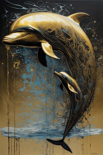 عکس دلفین مادر و فرزند با طلای مایع و رنگ‌های آبی و مشکی