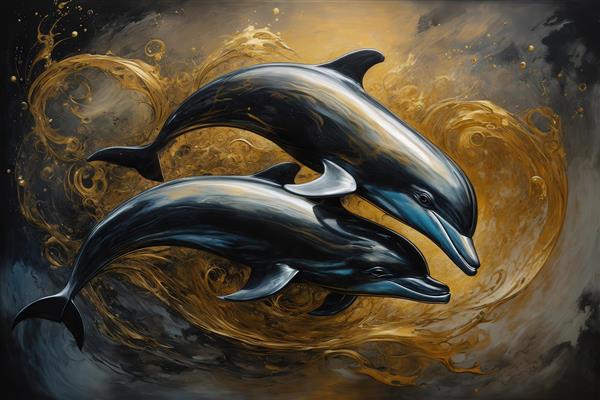 تصویر دو دلفین مشکی در حال شنا در موج‌های طلایی برای دکور