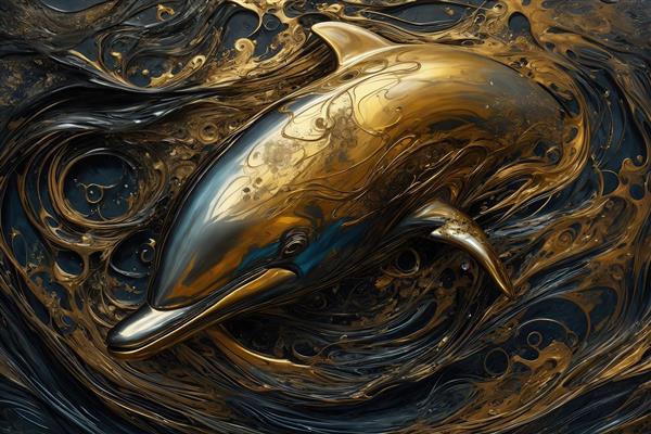 طرح دلفین طلایی در موج‌های مشکی و آبی سبک آبستره برای چاپ