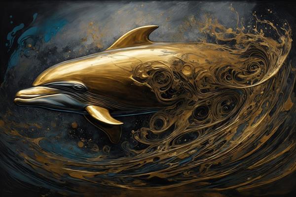 عکس دلفین طلایی در حال شنا در موج مایع مشکی و آبی برای دکور