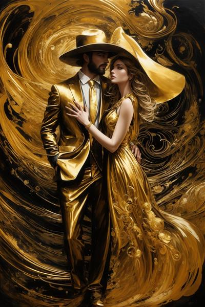 طرح زوج شیک‌پوش با کت و شلوار و لباس طلایی بلند برای تابلو