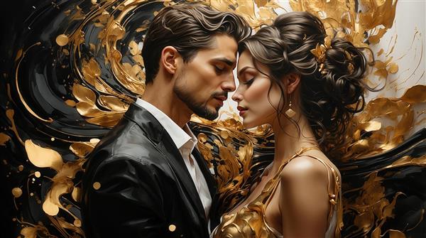 تصویر زوج عاشقانه با لباس رسمی و پس‌زمینه طلایی آبستره