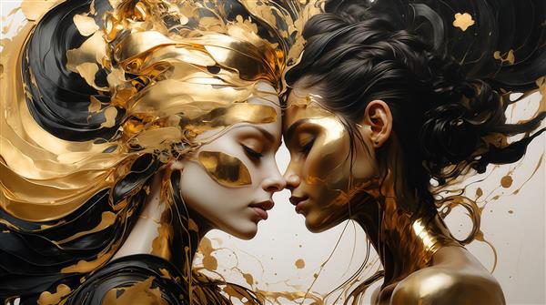 عکس پرتره دو زن با رنگ‌آمیزی طلایی و موهای تیره با جزئیات بالا