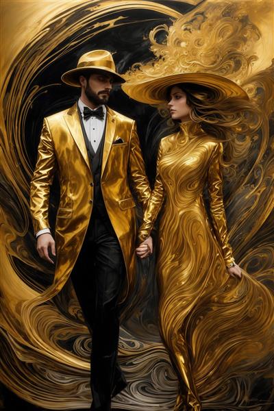 طرح زوج شیک‌پوش با لباس طلایی و مشکی در پس‌زمینه ماربل
