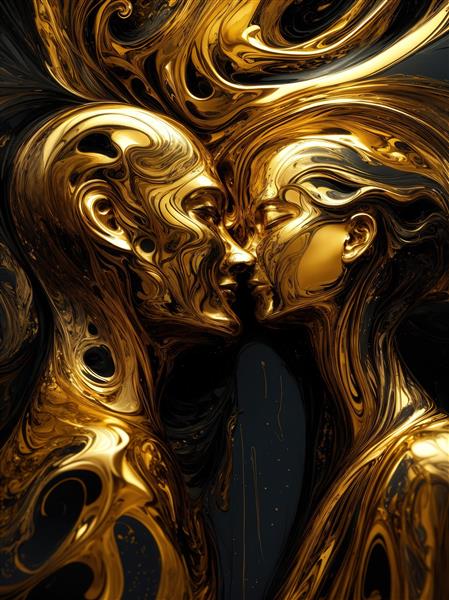 تصویر بوسه زوج با مجسمه‌های مایع طلایی و مشکی براق برای دکور