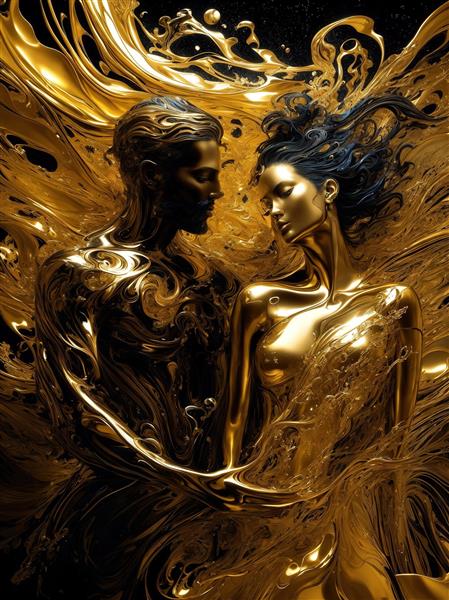 طرح زوج عاشق با بدن‌های مجسمه‌ای طلایی و مشکی برای تابلو