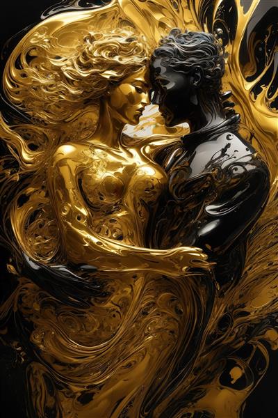 طرح زوج در آغوش با مجسمه‌های طلایی و مشکی براق برای دکور