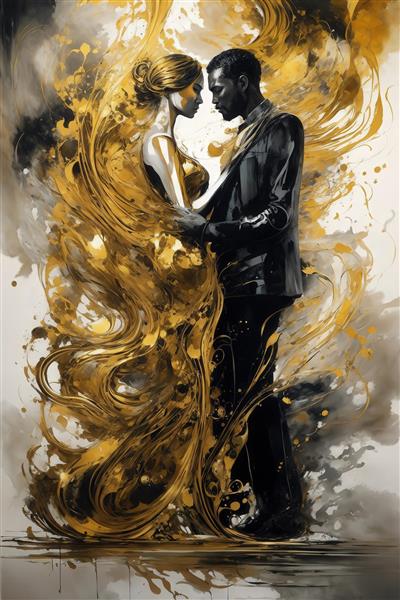 تصویر زن و مرد با لباس رسمی و طلای مایع در سبک آبستره برای چاپ