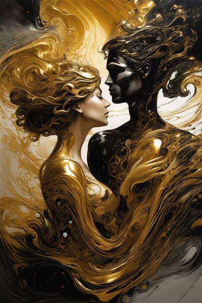 عکس زوج عاشقانه با لباس مشکی و مایع طلایی برای پوستر دکوراتیو