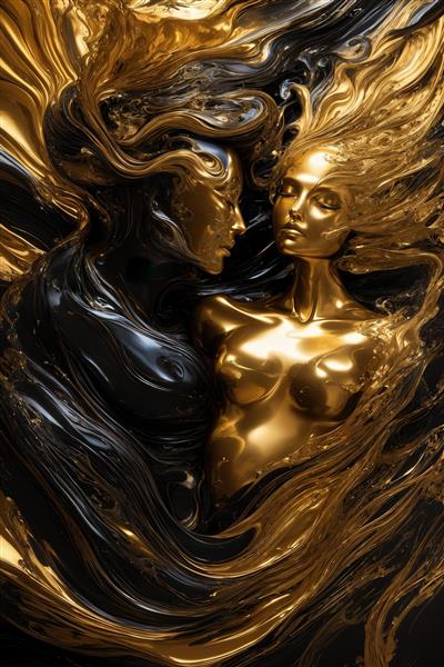 طرح زوج زن و مرد با مجسمه طلایی و موهای سیال مشکی برای تابلو