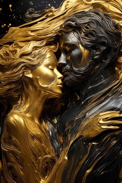 تصویر پرتره زن و مرد با موهای روان طلایی و تیره در آغوش