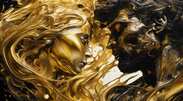 طرح پرتره زوج با ترکیب طلایی و مشکی براق در سبک سیال برای پوستر