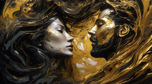 تصویر پرتره نزدیک زن و مرد با مایع طلایی و تیره برای چاپ