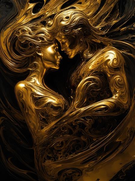 عکس زن و مرد عاشقانه در آغوش طلایی بر پس‌زمینه مشکی