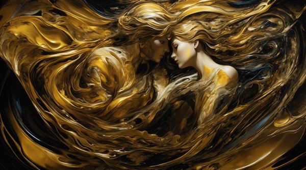 طرح زوج عاشقانه در میان موج‌های مایع طلایی و مشکی باکیفیت