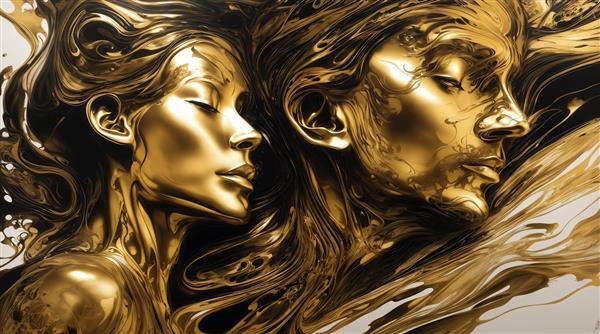 عکس نیم‌رخ زن و مرد با رنگ طلایی آبستره برای پوستر دیواری