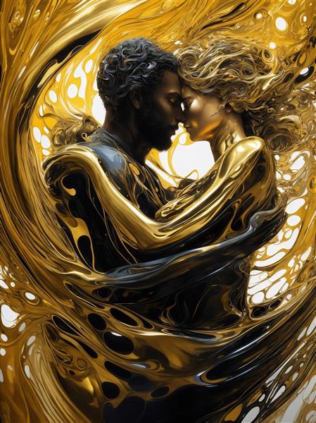 عکس زوج عاشق در آغوش با رنگ‌آمیزی طلایی و مشکی برای چاپ بوم