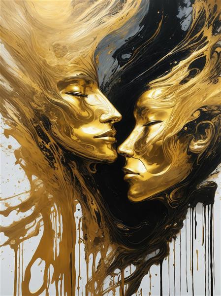 تصویر چهره زن و مرد با مایع طلایی و سبک آبستره برای پوستر