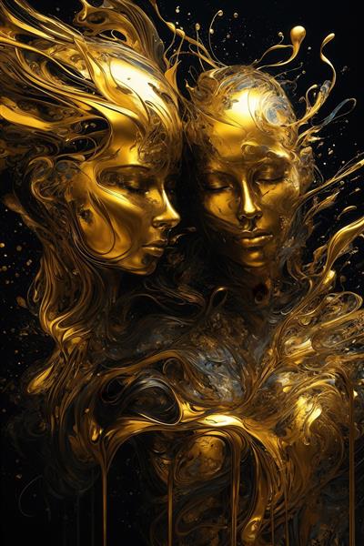 تصویر دکوراتیو پرتره دو زن طلایی در مایع سیاه با حس عرفانی