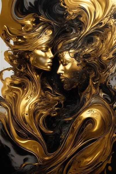 تصویر سئوکشی زن و مرد با چهره‌های آرام و طلای مایع سیاه برای چاپ پارچه