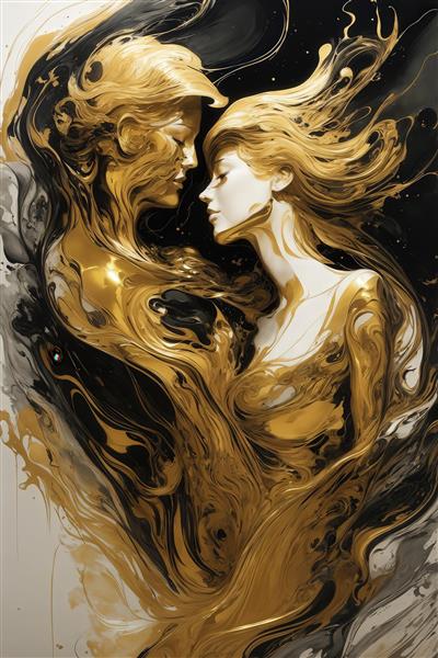 تصویر دکوراتیو زن و مرد با طلای مایع و موهای سیاه و سفید روان