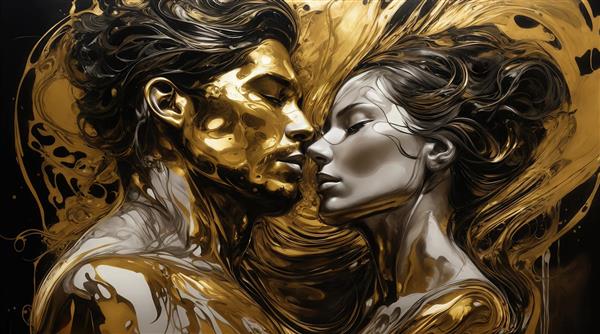 عکس پرتره زوج با کنتراست طلایی و نقره‌ای رویایی برای چاپ روی شیشه