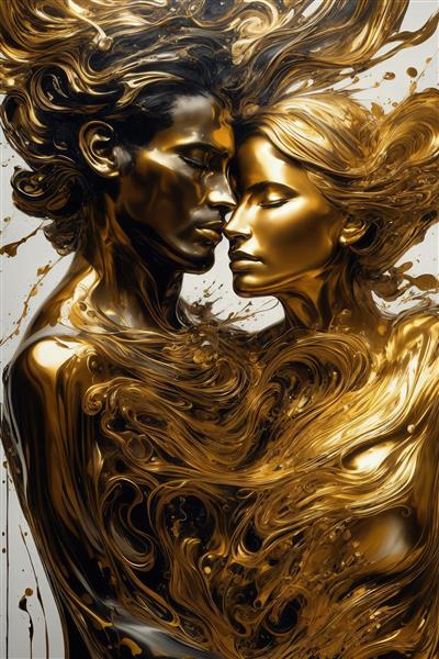 تصویر عاشقانه دو مجسمه طلایی براق در آغوش برای تابلو دکوراتیو