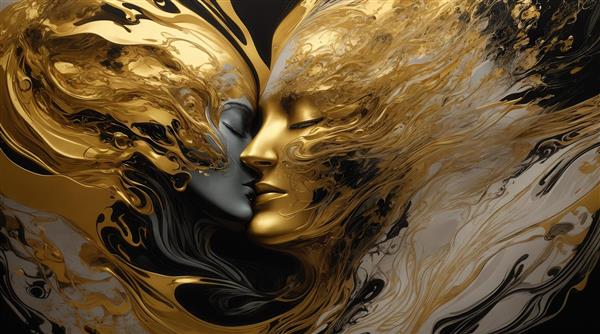 طرح دکوراتیو زن و مرد طلایی و نقره‌ای در آغوش برای چاپ تابلو