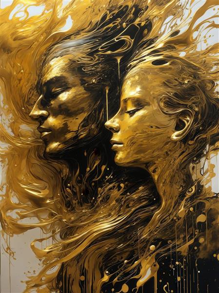 عکس پرتره دو عاشق با پوشش طلایی مایع و موهای درهم برای دکوراسیون