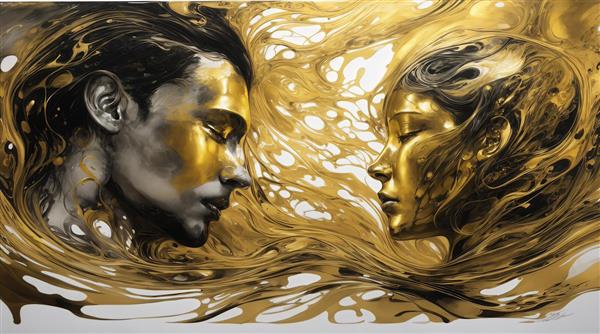 طرح دکوراتیو دو چهره زن و مرد طلایی رویایی برای چاپ روی سطح افقی