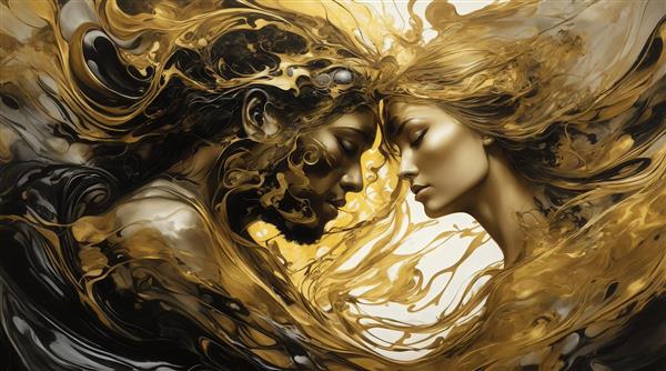 عکس زوج عاشق طلایی و سیاه با موهای روان برای چاپ دکوراتیو