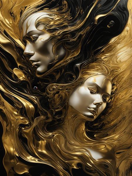 تصویر دو چهره زن با جریان طلایی و نقره‌ای برای تابلو دیواری