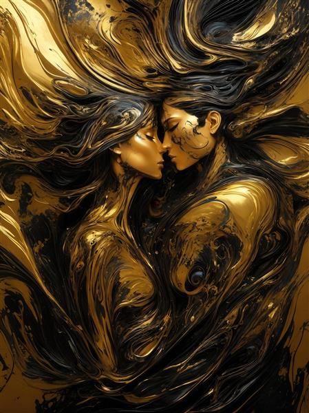 تصویر سئوکشی زوج با مایع طلایی و سیاه در آغوش برای چاپ پرده